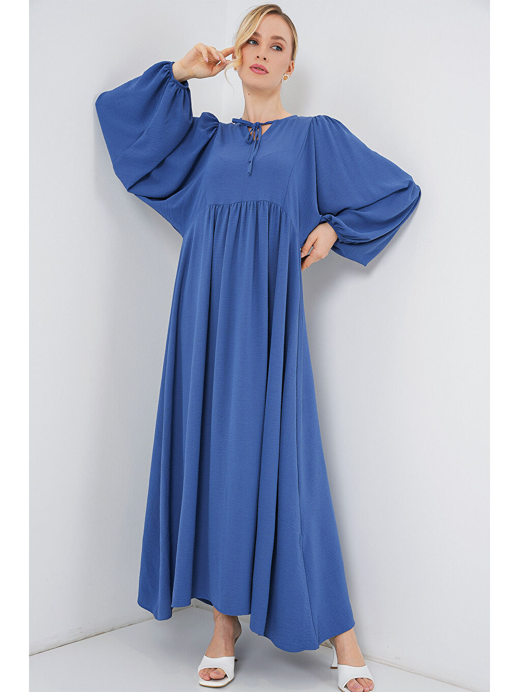 Mavi Kadın Balon Kol Uzun Tesettür Elbise 2464 - Saks-1