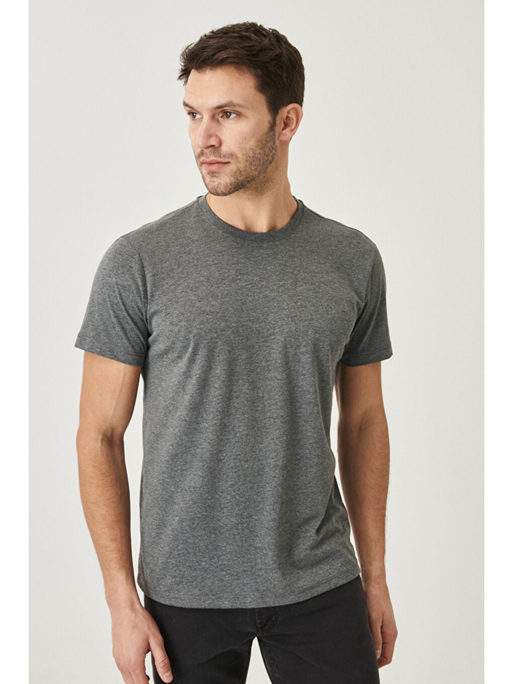 Erkek Antrasit Slim Fit Dar Kesim %100 Pamuk Bisiklet Yaka Kısa Kollu Tişört-2