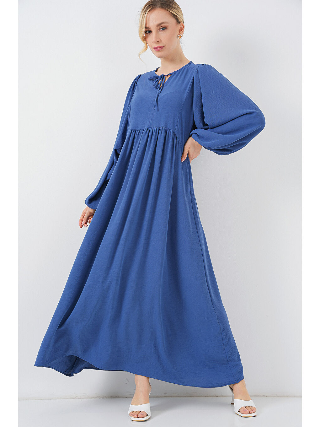 Mavi Kadın Balon Kol Uzun Tesettür Elbise 2464 - Saks-2