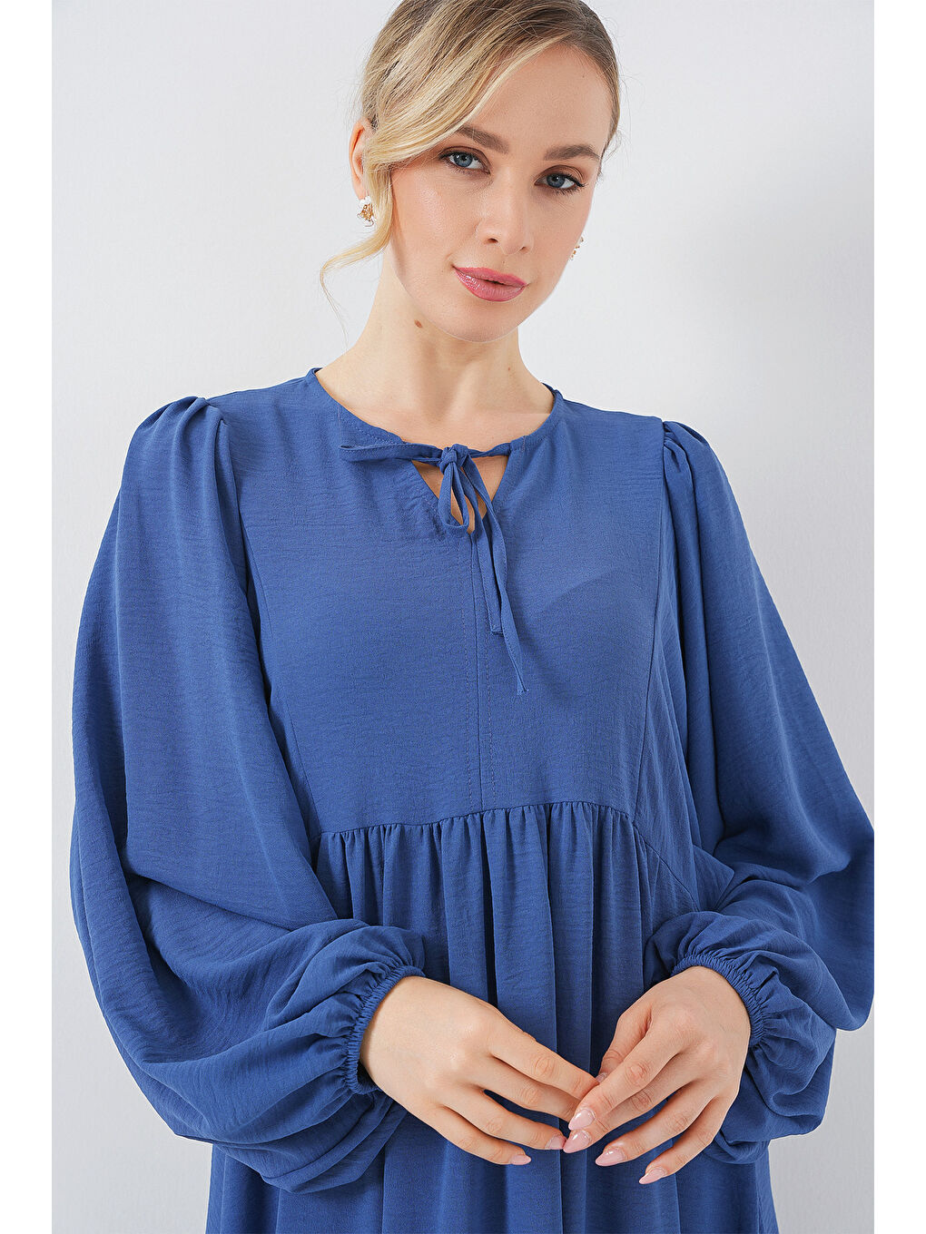 Mavi Kadın Balon Kol Uzun Tesettür Elbise 2464 - Saks-3