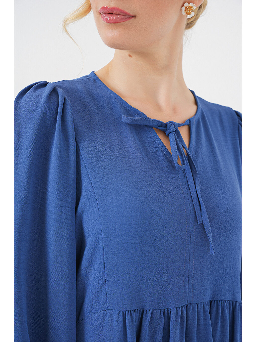 Mavi Kadın Balon Kol Uzun Tesettür Elbise 2464 - Saks-4