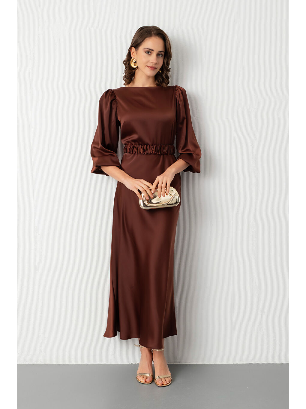 Kadın Kahverengi Uzun Balon Kollu Nişan Elbisesi-1
