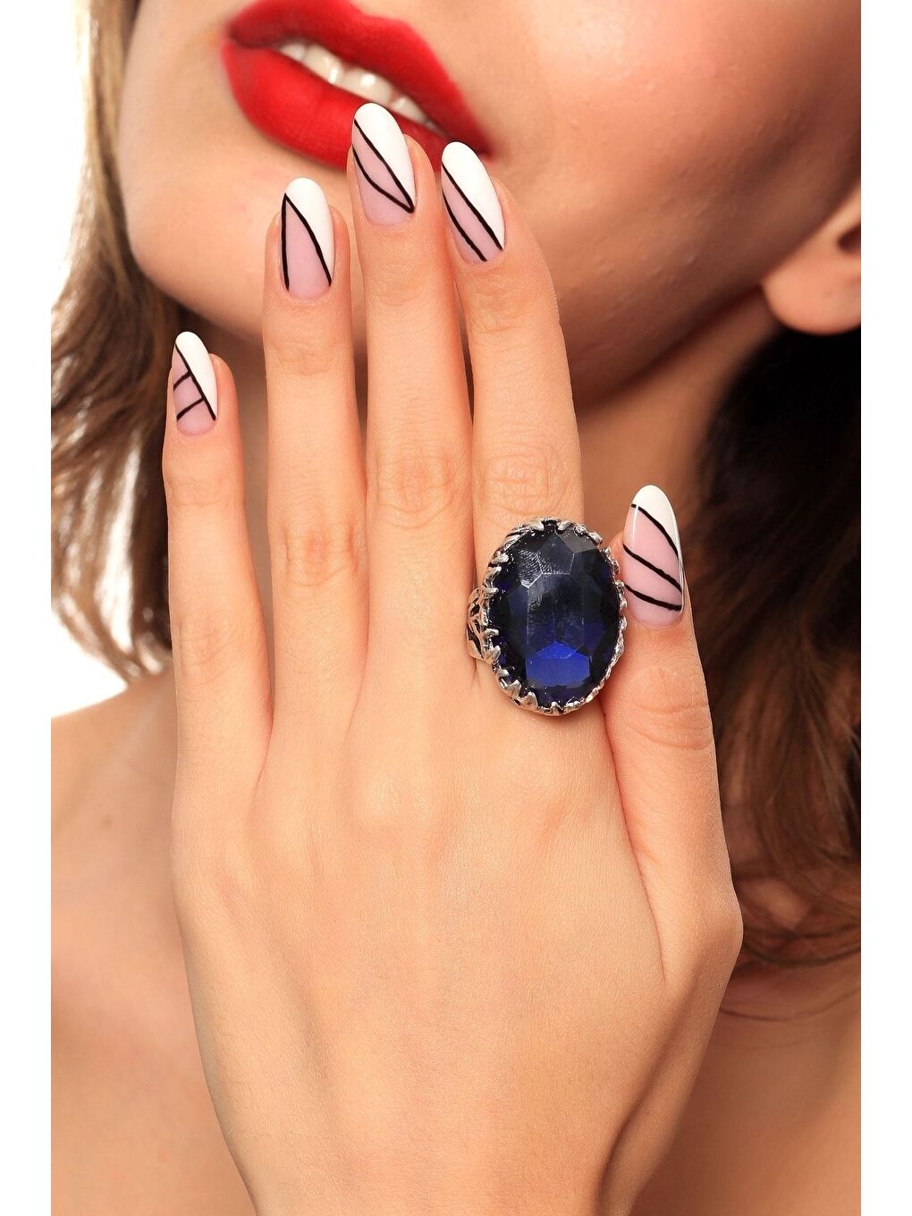 Lacivert Kadın Antik Gümüş Kaplama Kristal Kesme Taş Detaylı Ayarlanabilir Tasarım Yüzük-3