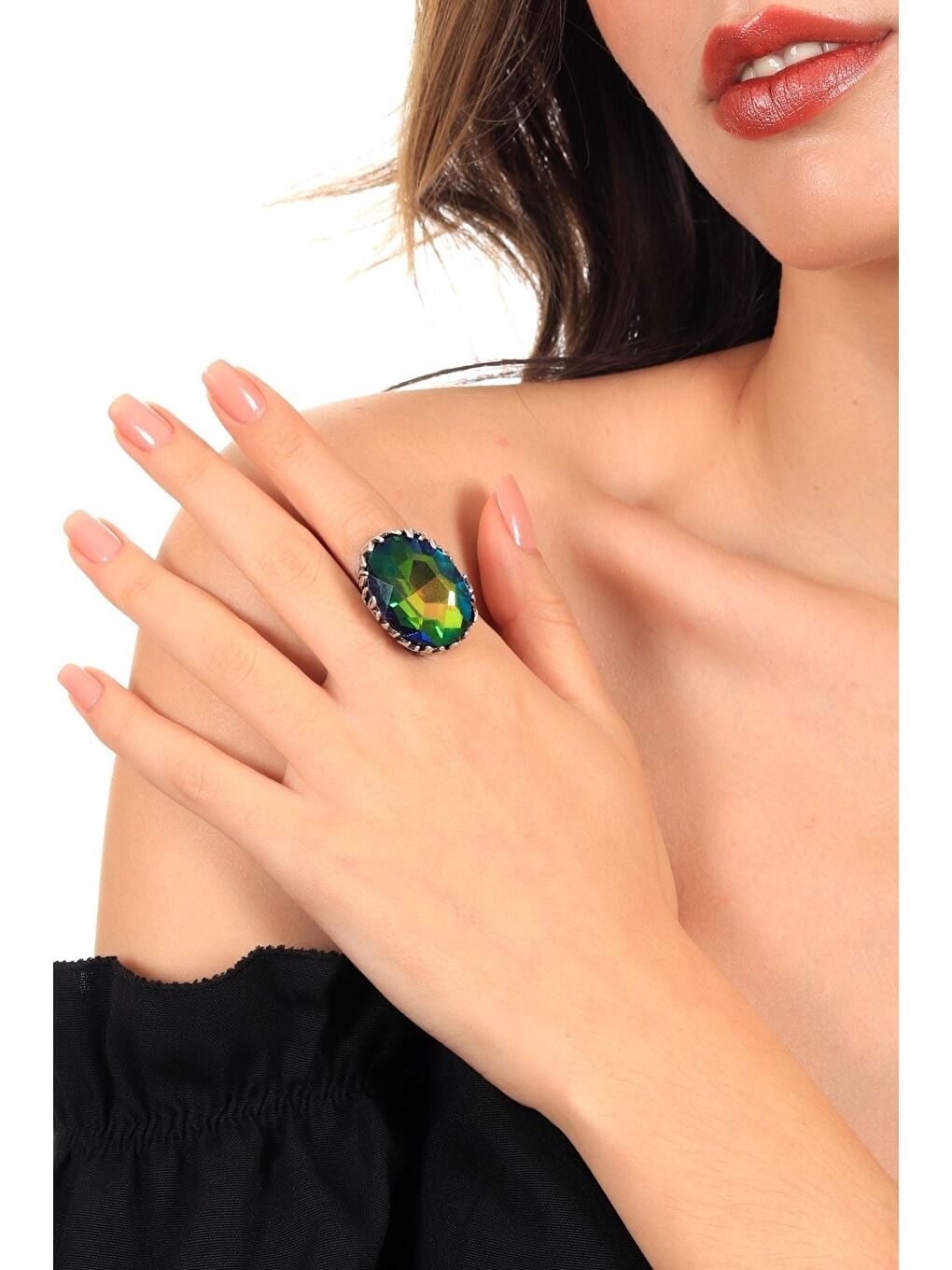 Karışık Kadın Antik Gümüş Kaplama Kristal Kesme Taş Detaylı Ayarlanabilir Tasarım Yüzük-3