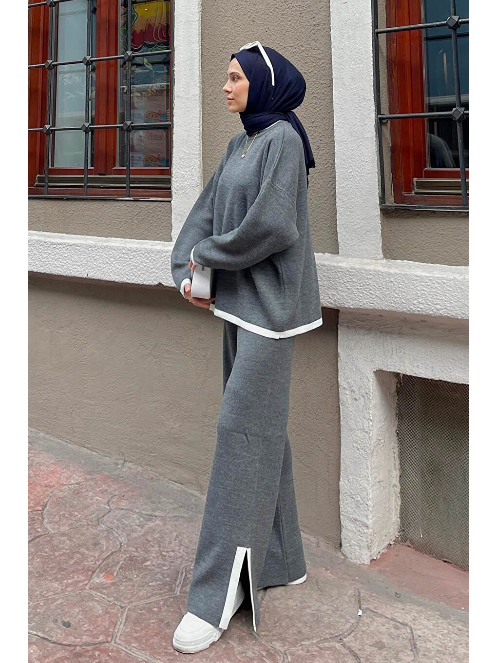 Pantolon Yırtmaçlı Triko Takım Antrasit-1
