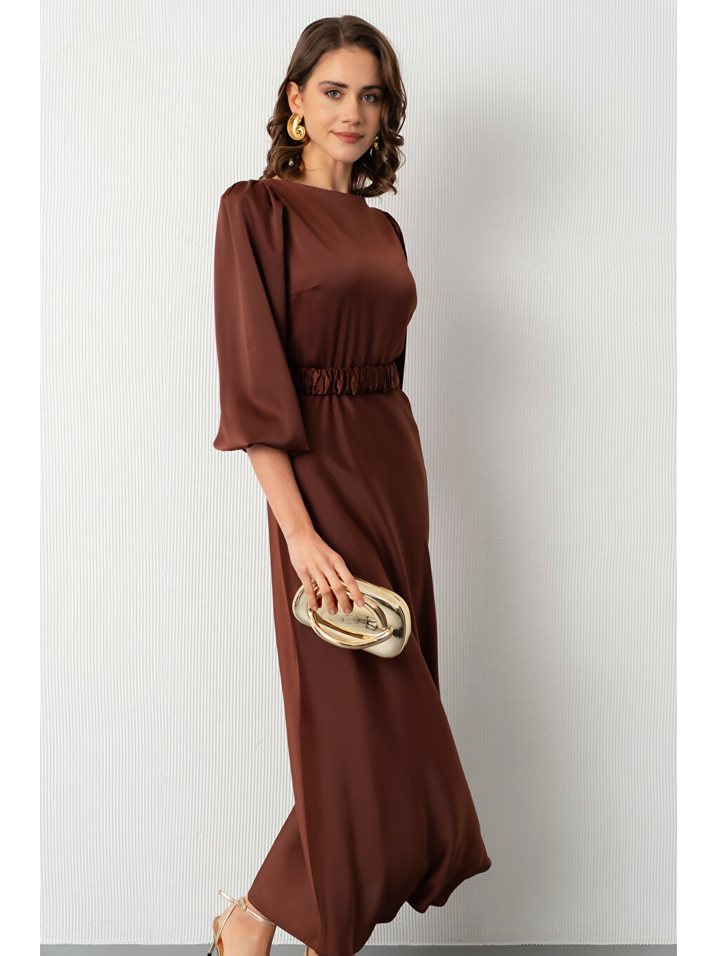 Kadın Kahverengi Uzun Balon Kollu Nişan Elbisesi-2