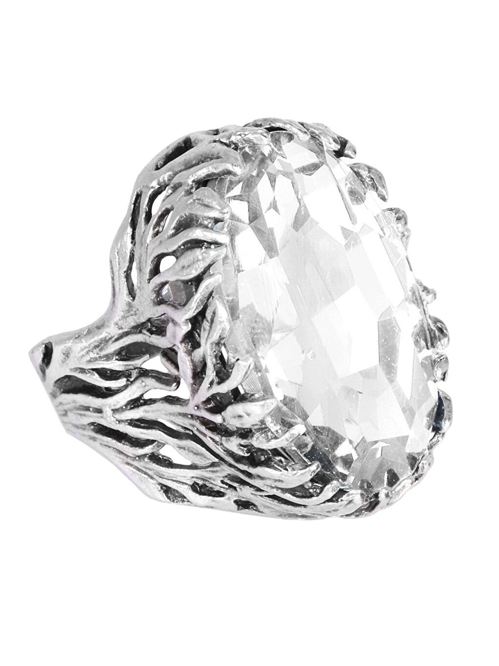 Beyaz Kadın Antik Gümüş Kaplama Kristal Kesme Taş Detaylı Ayarlanabilir Tasarım Yüzük-1