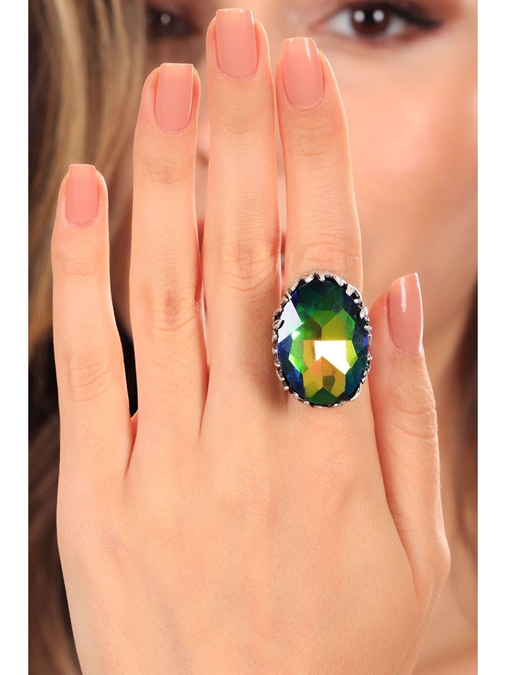 Karışık Kadın Antik Gümüş Kaplama Kristal Kesme Taş Detaylı Ayarlanabilir Tasarım Yüzük-2