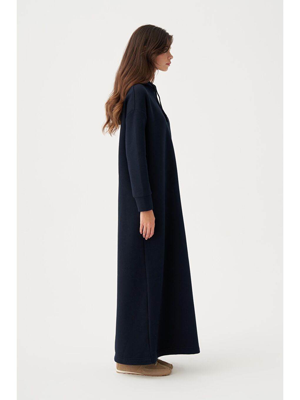 Lacivert-Kapüşonlu Basic Elbise-1