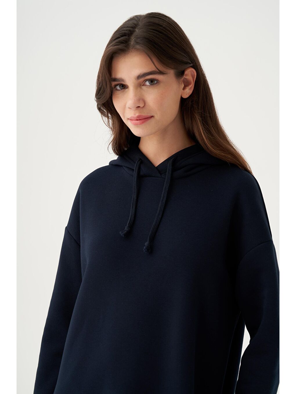 Lacivert-Kapüşonlu Basic Elbise-3