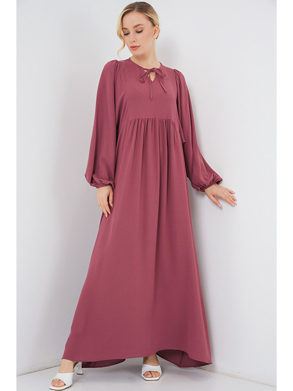 Kırmızı Kadın Balon Kol Uzun Tesettür Elbise 2464 - D.Gül Kurusu-2