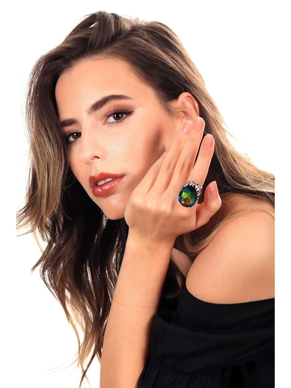 Karışık Kadın Antik Gümüş Kaplama Kristal Kesme Taş Detaylı Ayarlanabilir Tasarım Yüzük-4