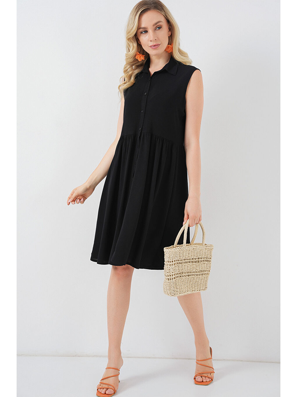 Kadın Sıfır Kol Midi Elbise 2563 - Siyah-2