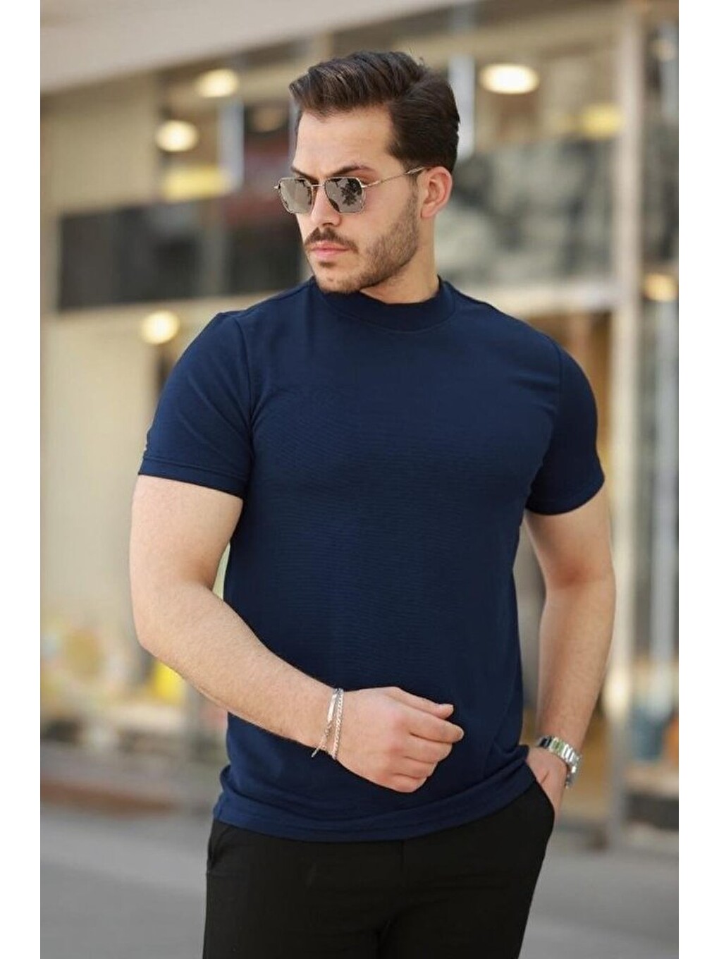 Lacivert Erkek Yarım Balıkçı Yaka Kısa Kollu T-shirt-1