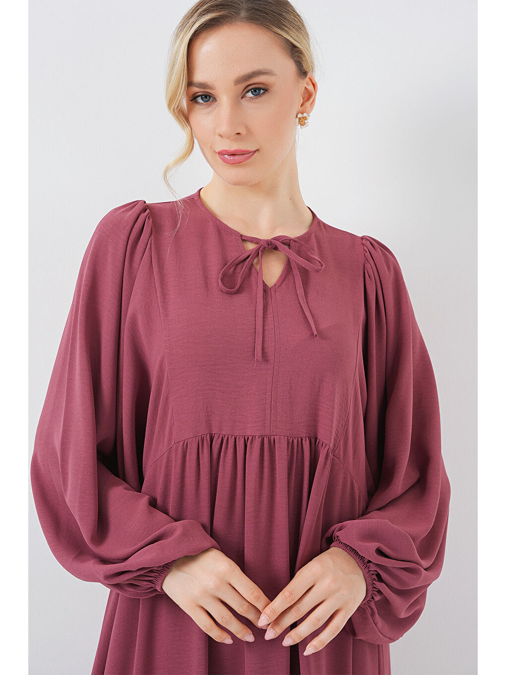 Kırmızı Kadın Balon Kol Uzun Tesettür Elbise 2464 - D.Gül Kurusu-3