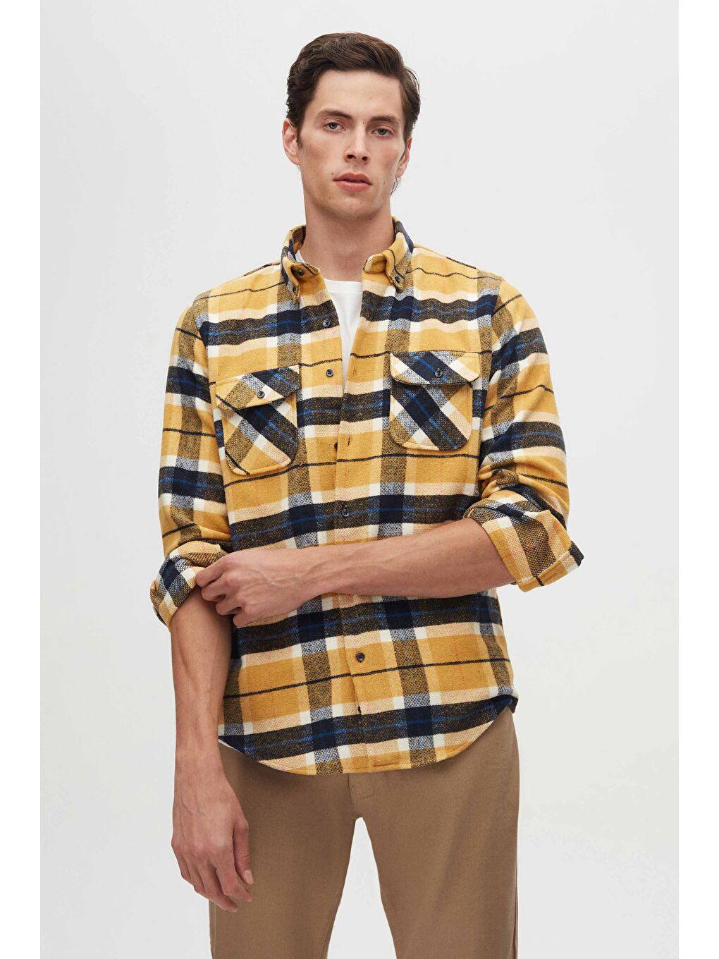 Sarı Slim Fit Hardal Ekose Oduncu Gömlek