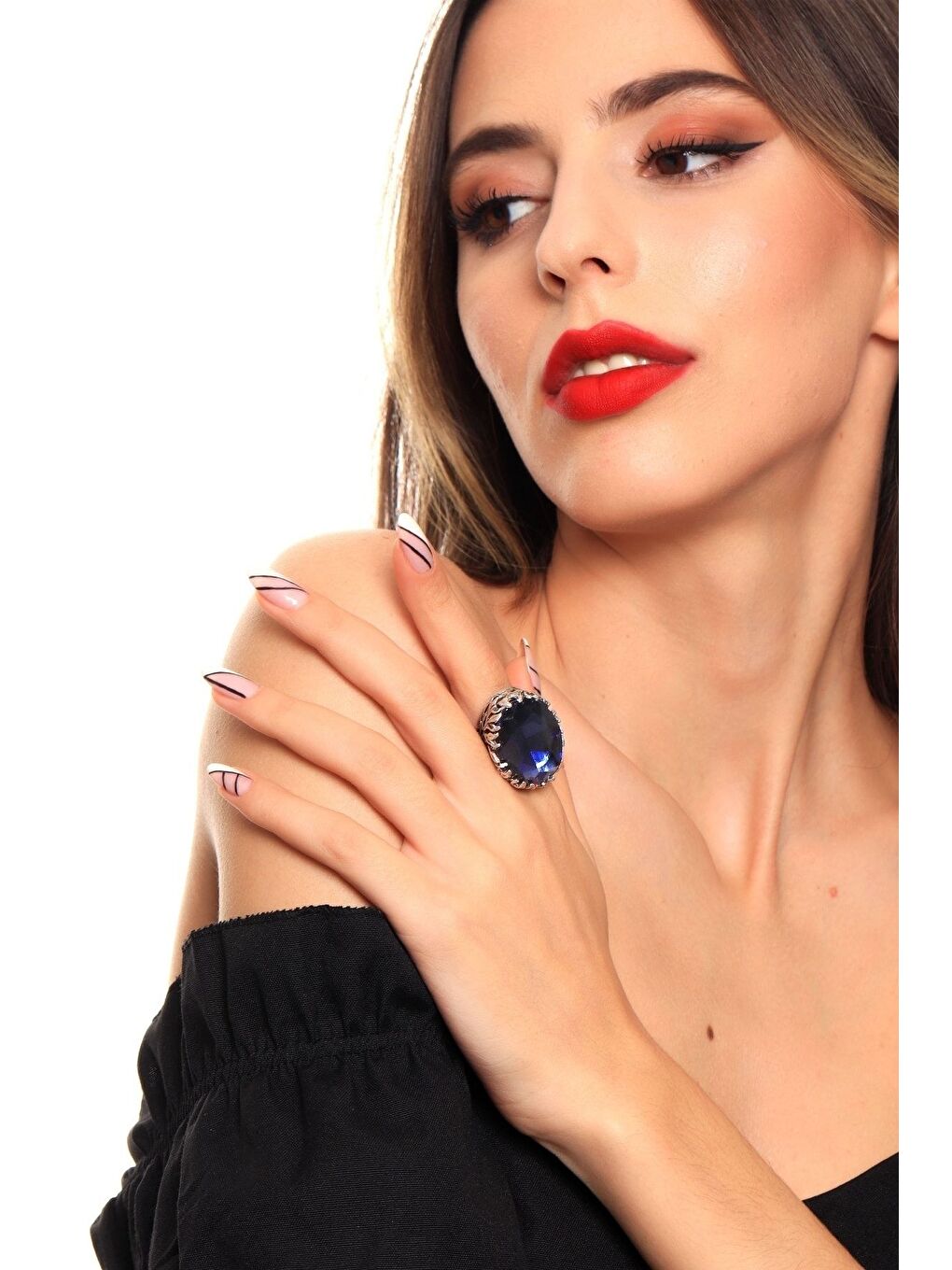 Lacivert Kadın Antik Gümüş Kaplama Kristal Kesme Taş Detaylı Ayarlanabilir Tasarım Yüzük-4