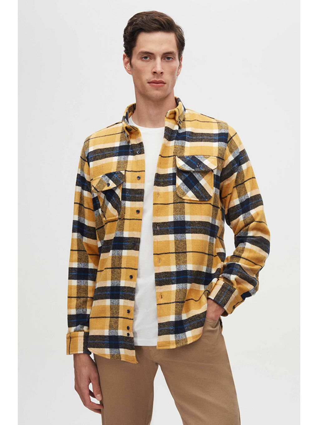 Sarı Slim Fit Hardal Ekose Oduncu Gömlek-1