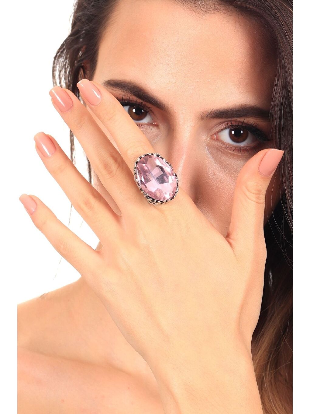 Pembe Kadın Antik Gümüş Kaplama Kristal Kesme Taş Detaylı Ayarlanabilir Tasarım Yüzük-2