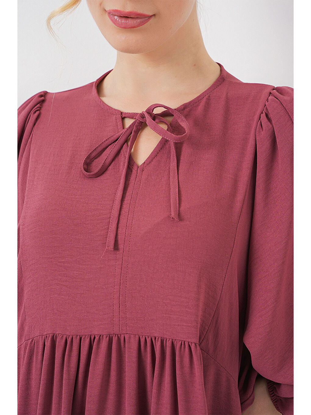 Kırmızı Kadın Balon Kol Uzun Tesettür Elbise 2464 - D.Gül Kurusu-4