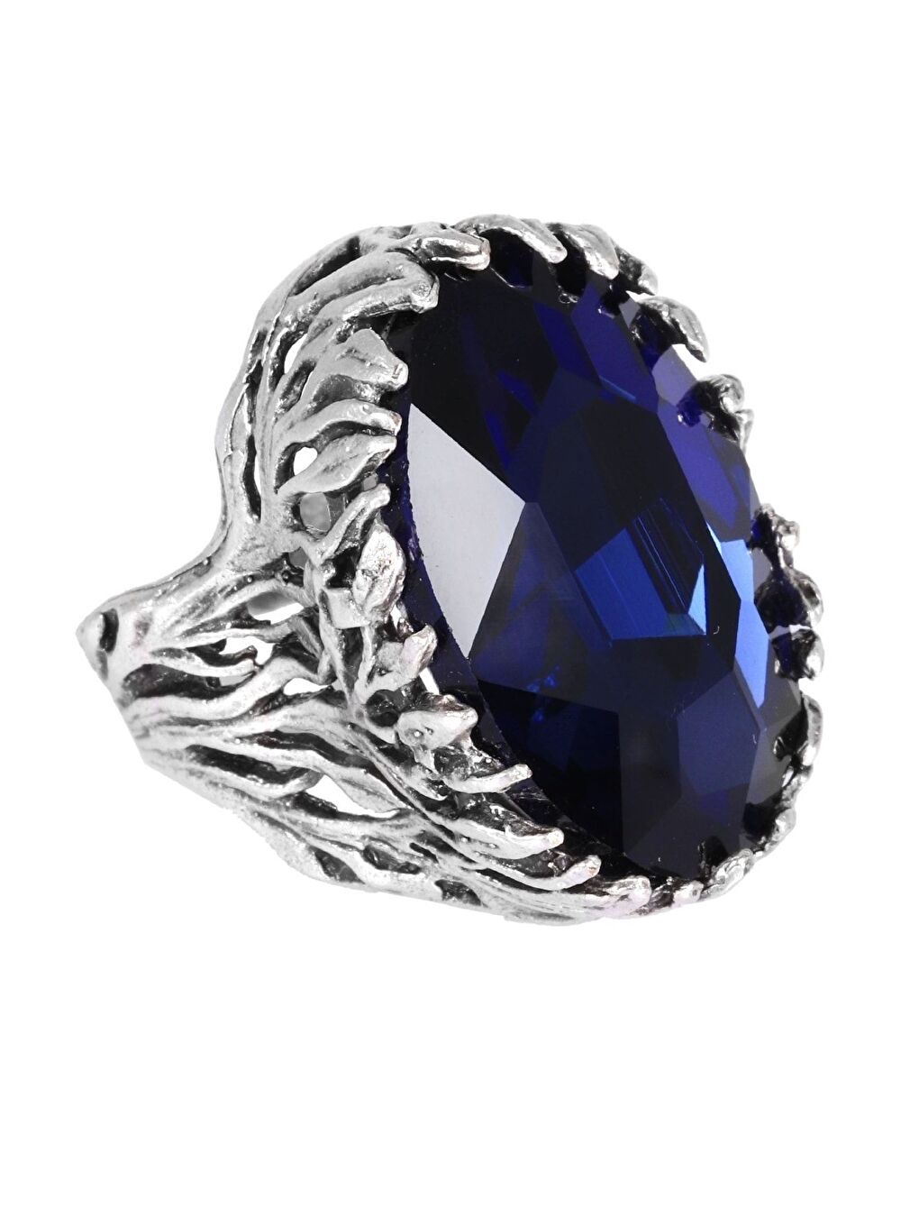 Lacivert Kadın Antik Gümüş Kaplama Kristal Kesme Taş Detaylı Ayarlanabilir Tasarım Yüzük-1