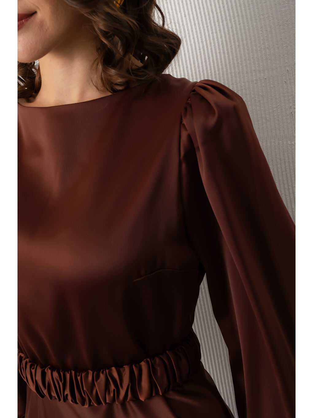 Kadın Kahverengi Uzun Balon Kollu Nişan Elbisesi-4