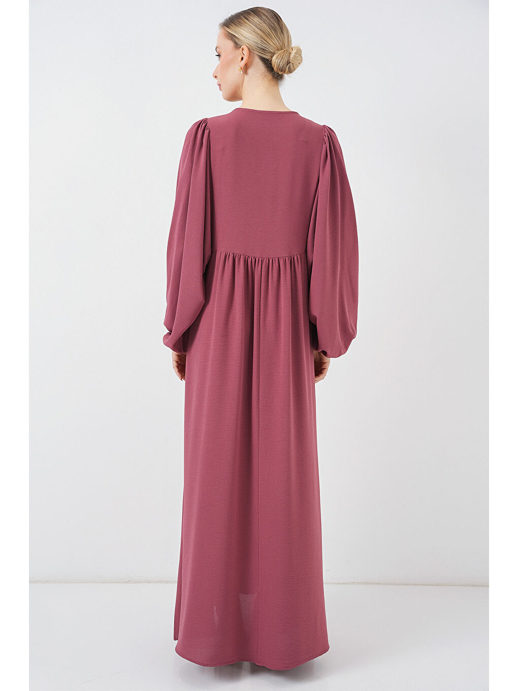 Kırmızı Kadın Balon Kol Uzun Tesettür Elbise 2464 - D.Gül Kurusu-5