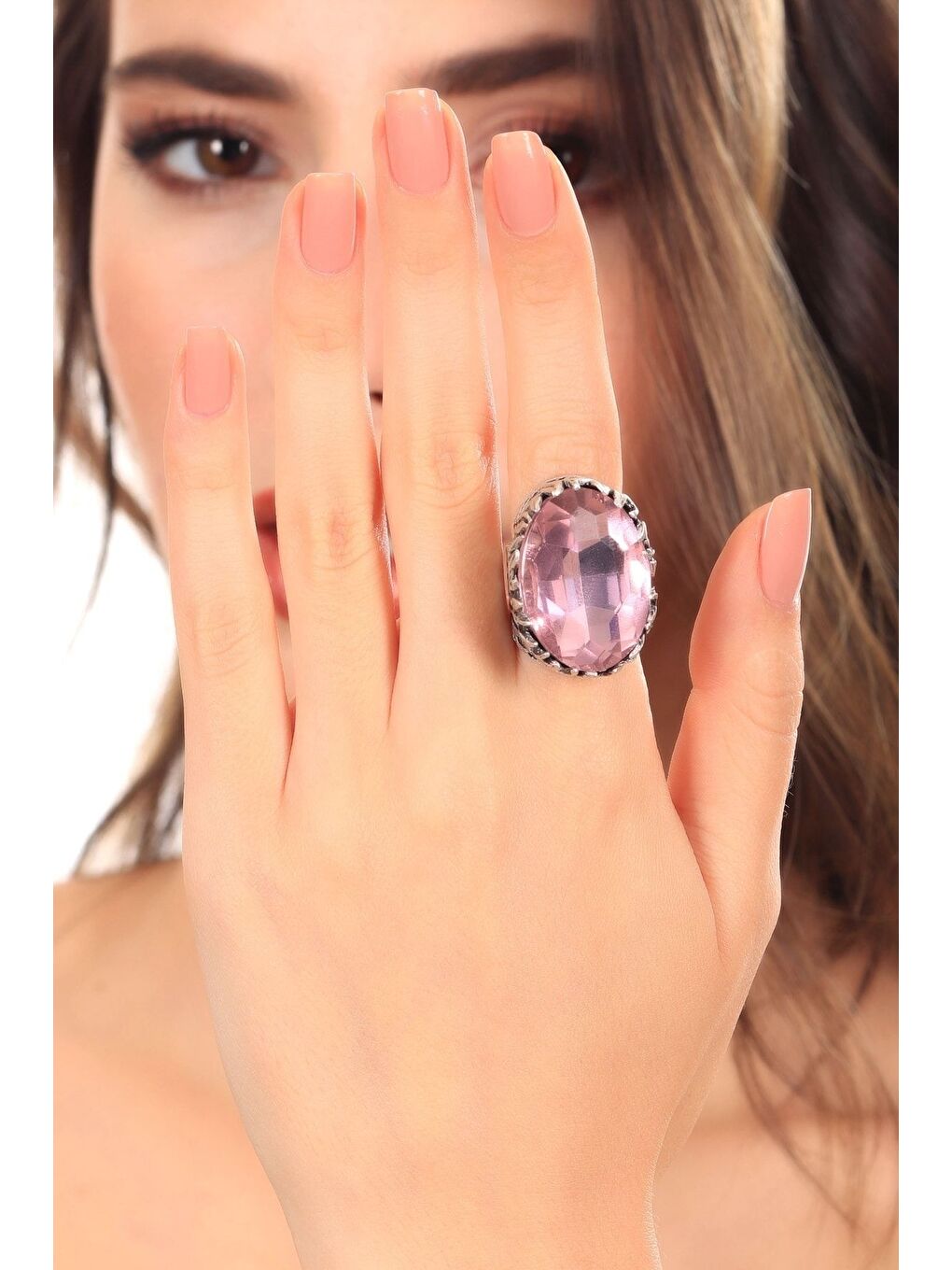 Pembe Kadın Antik Gümüş Kaplama Kristal Kesme Taş Detaylı Ayarlanabilir Tasarım Yüzük-3