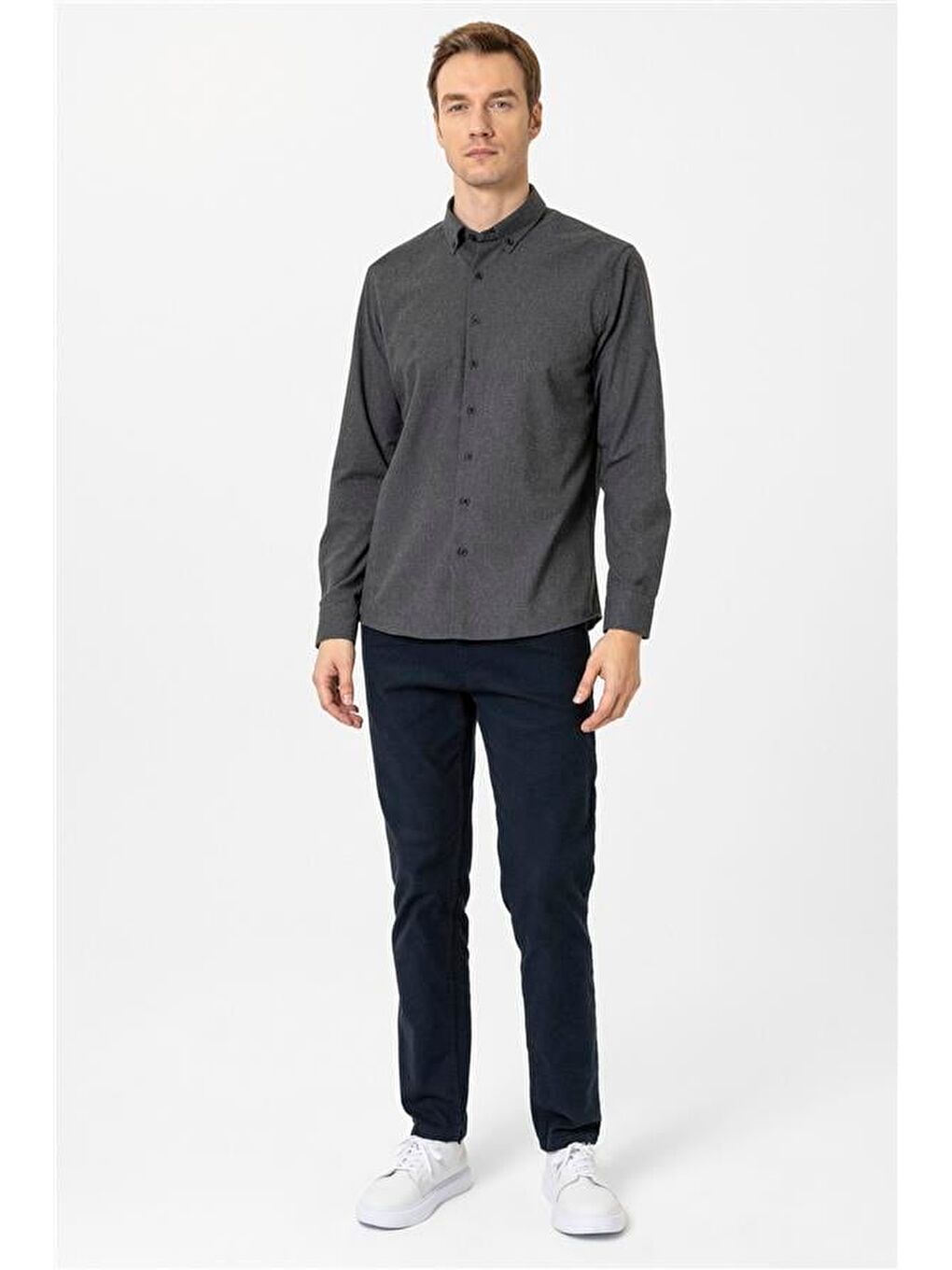 Siyah Slim Düz Düğmeli Yaka Gömlek-2