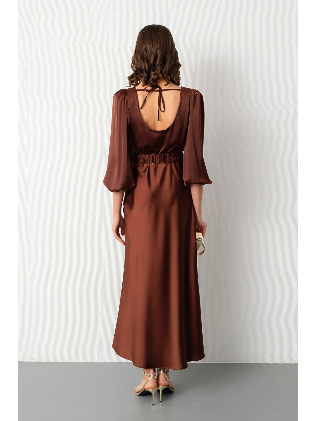 Kadın Kahverengi Uzun Balon Kollu Nişan Elbisesi-5