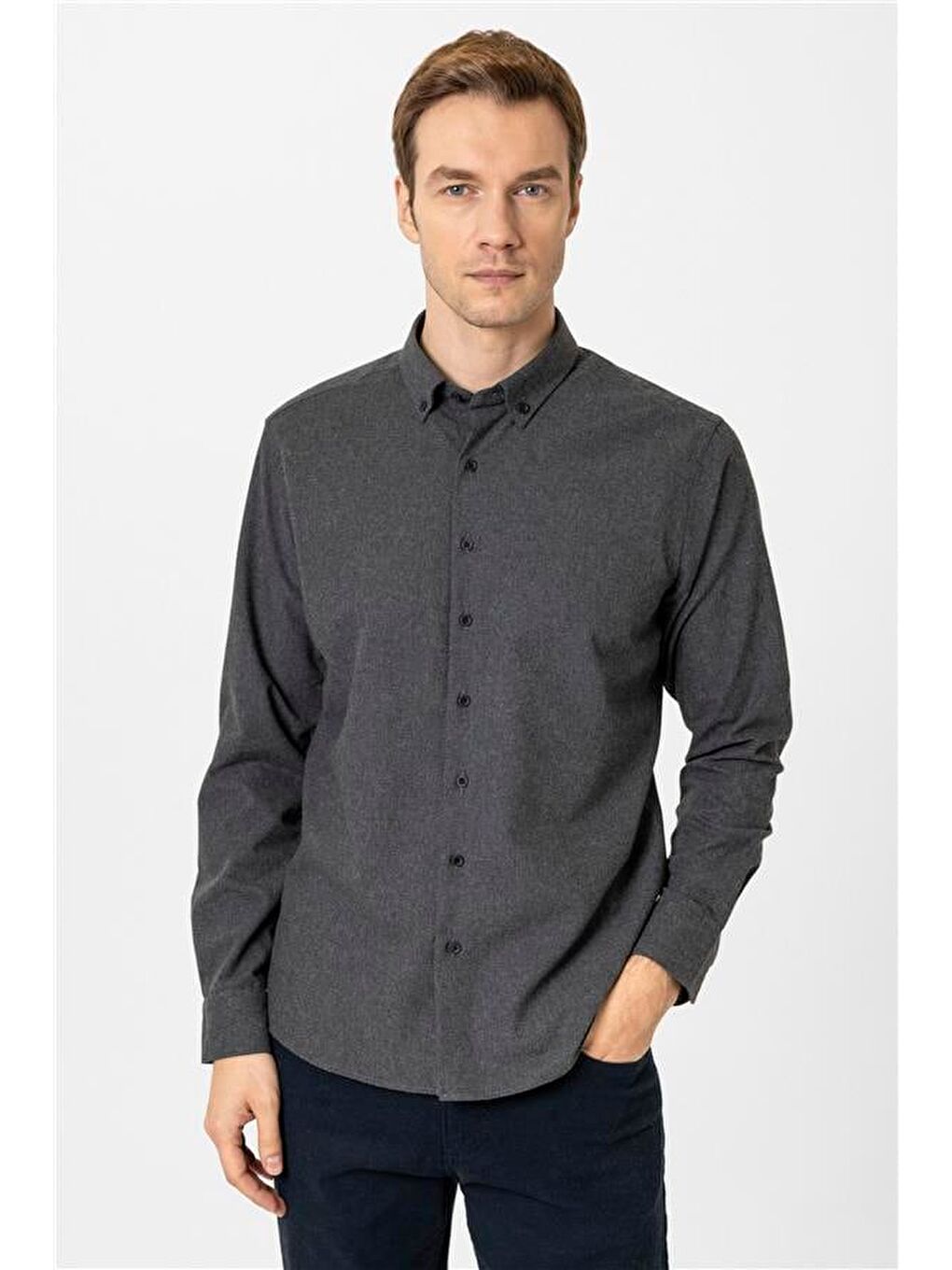 Siyah Slim Düz Düğmeli Yaka Gömlek-4