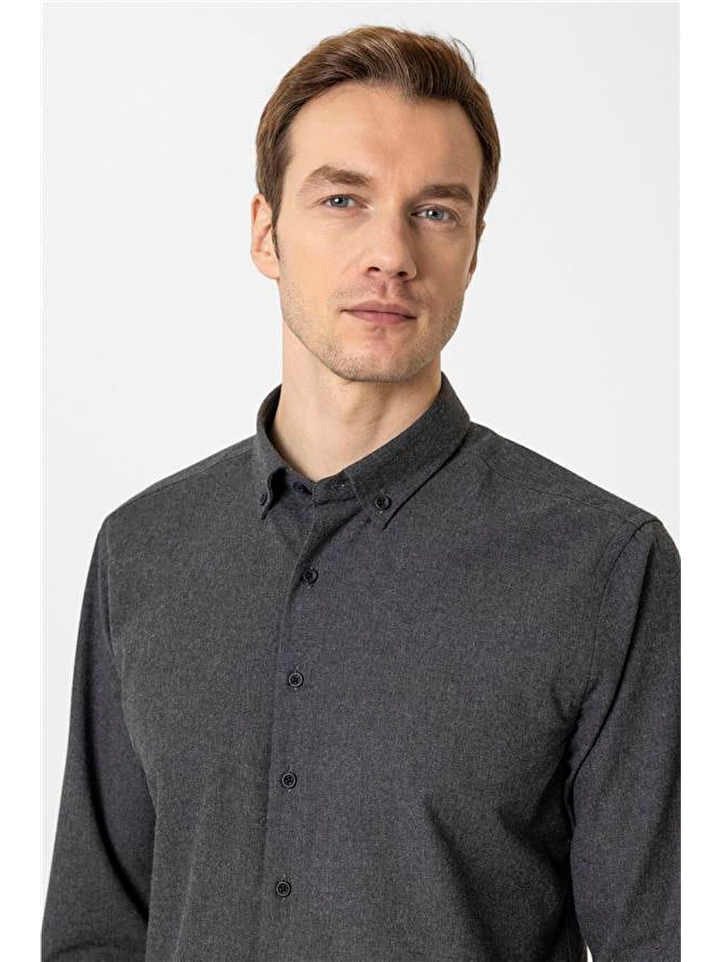 Siyah Slim Düz Düğmeli Yaka Gömlek-5