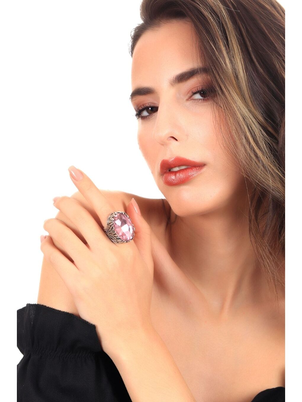 Pembe Kadın Antik Gümüş Kaplama Kristal Kesme Taş Detaylı Ayarlanabilir Tasarım Yüzük-4
