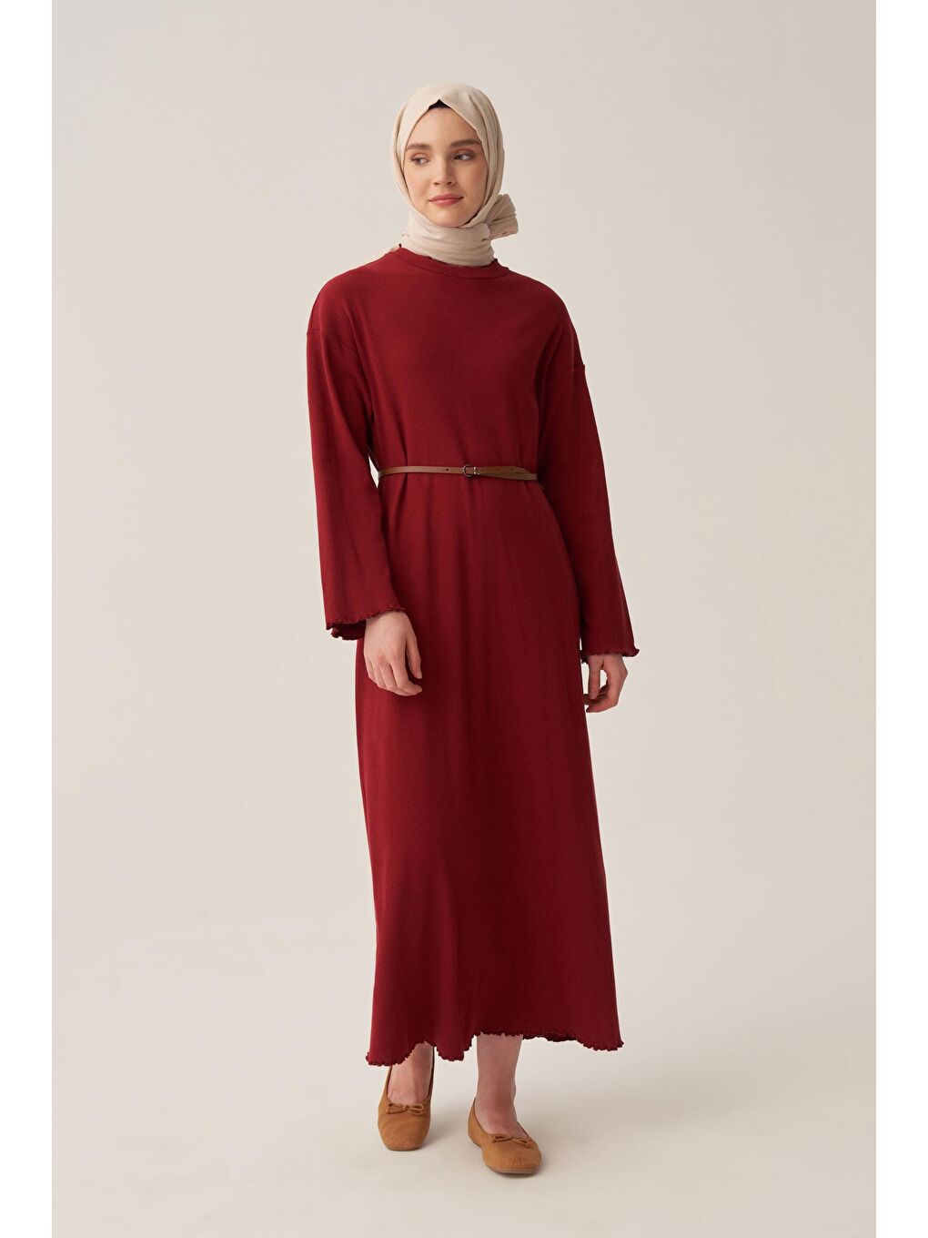 Bordo-Fırfır Detaylı Kaşkorse Elbise