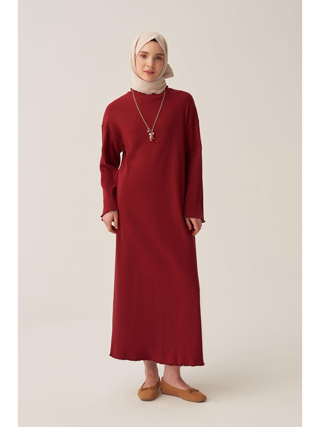 Bordo-Fırfır Detaylı Kaşkorse Elbise-1