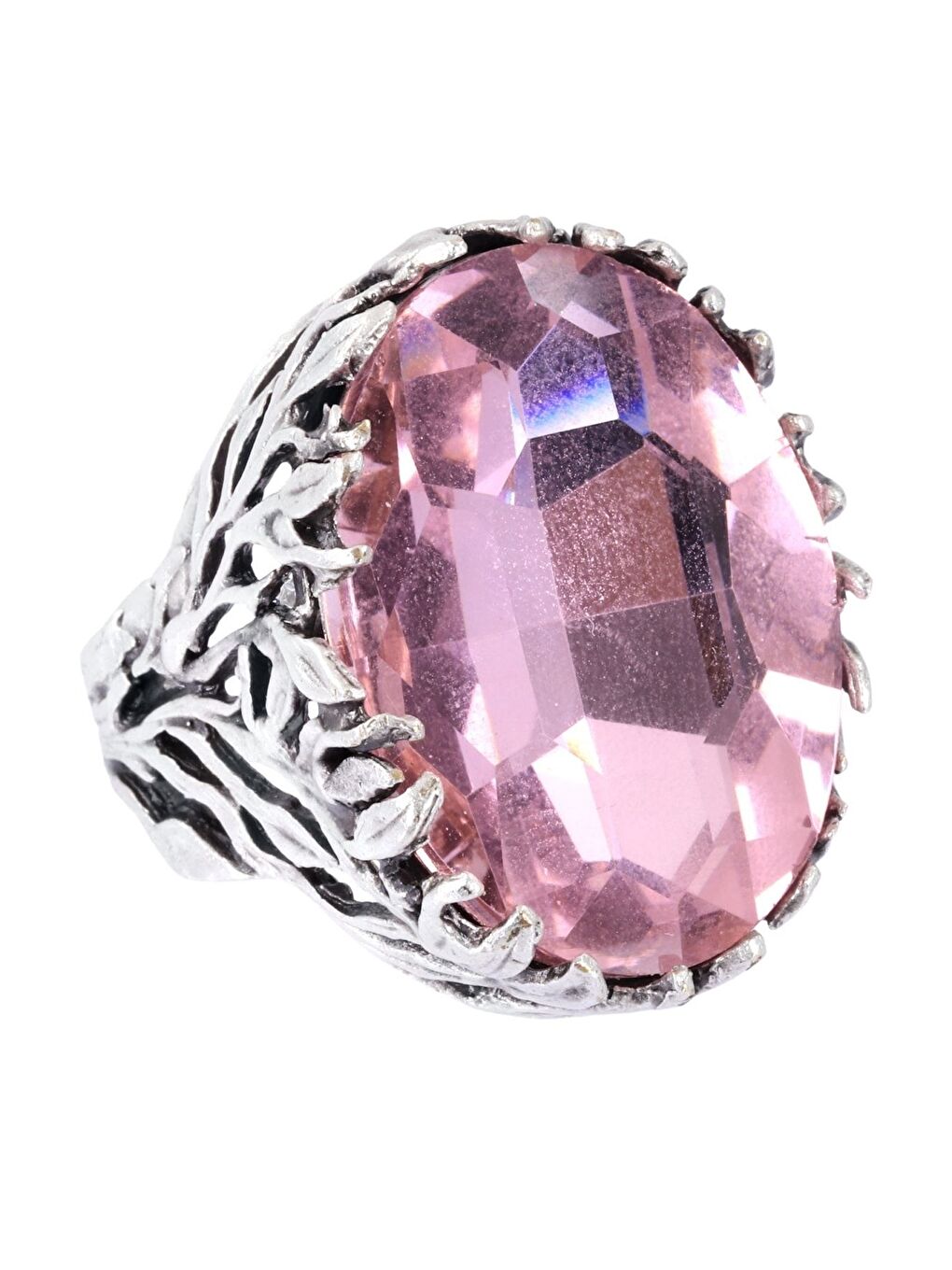 Pembe Kadın Antik Gümüş Kaplama Kristal Kesme Taş Detaylı Ayarlanabilir Tasarım Yüzük-1