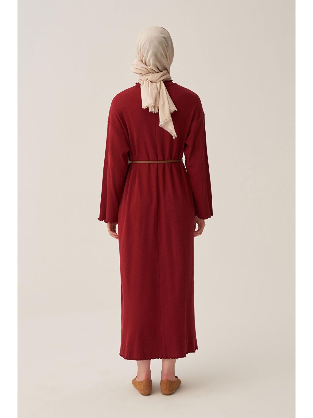 Bordo-Fırfır Detaylı Kaşkorse Elbise-3