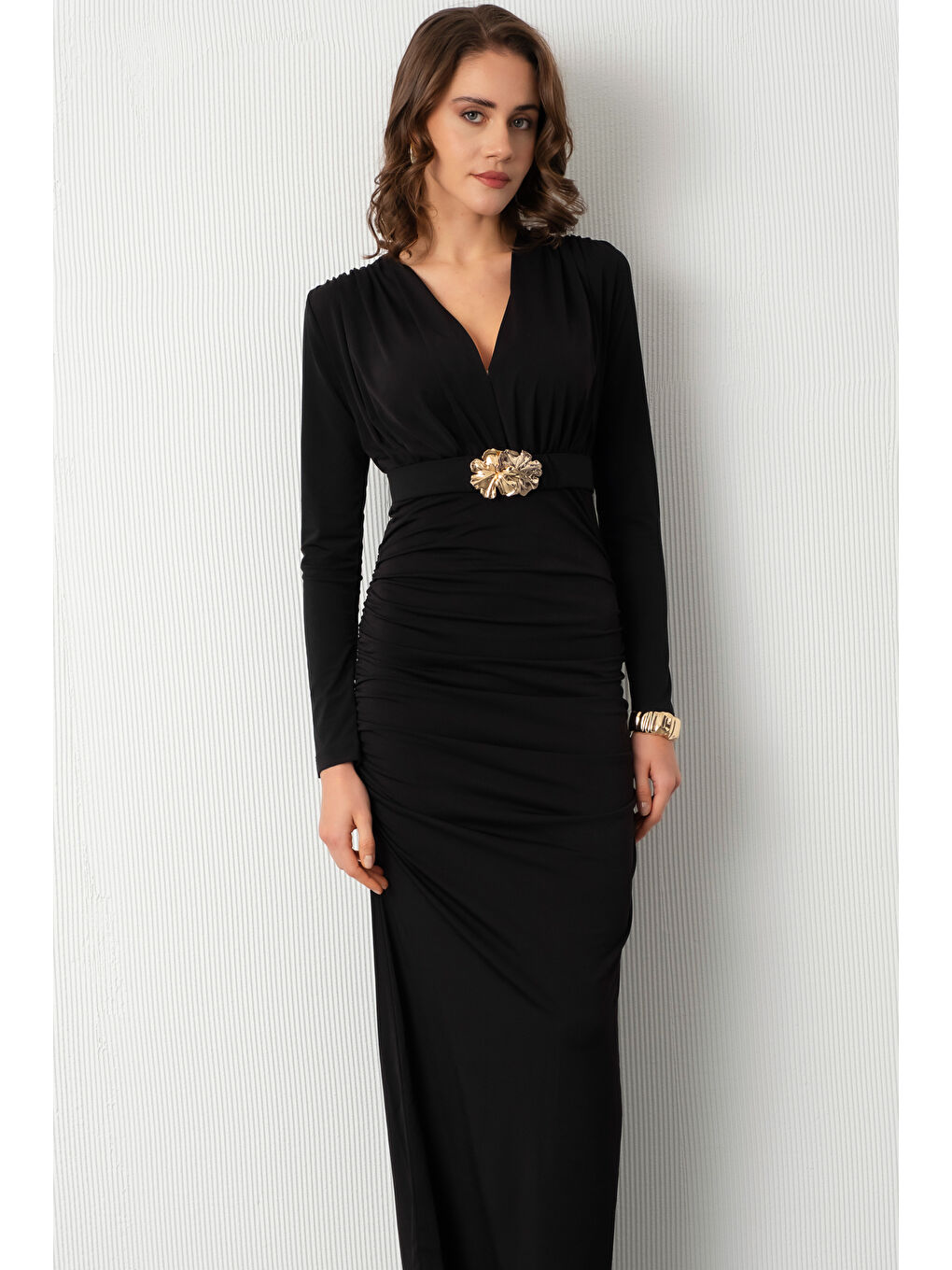 Kadın Siyah Kemerli Büzgü Detay Midi Davet Elbisesi-1