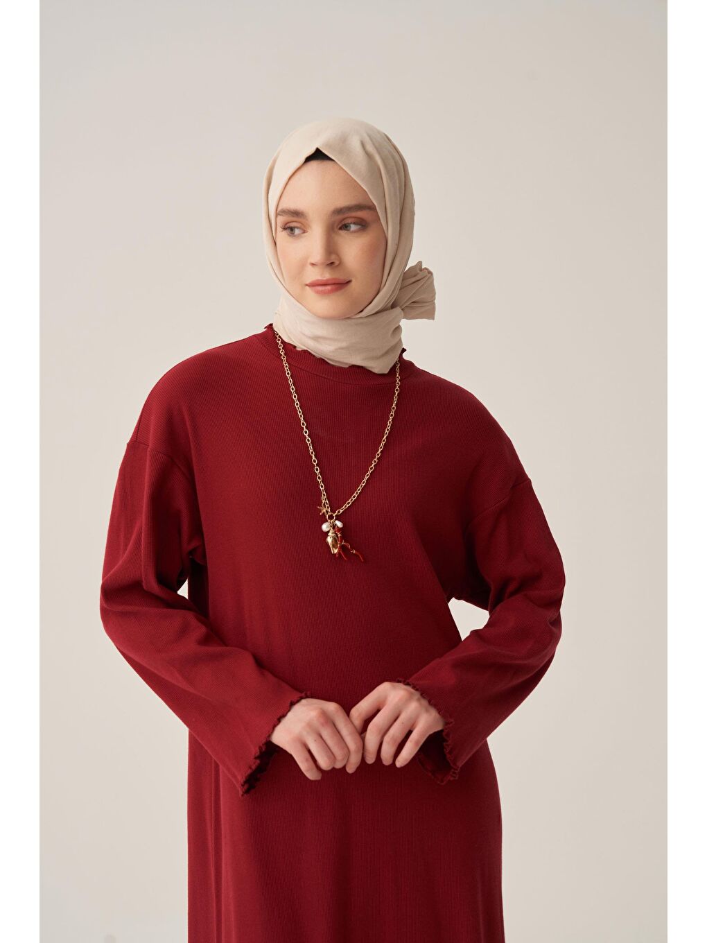 Bordo-Fırfır Detaylı Kaşkorse Elbise-4