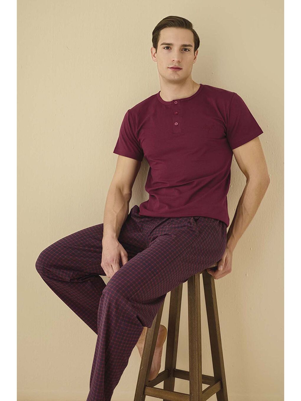 Erkek Önü Yarım Düğmeli Kısa Kol Modal Pijama Takımı 7978 Bordo-1