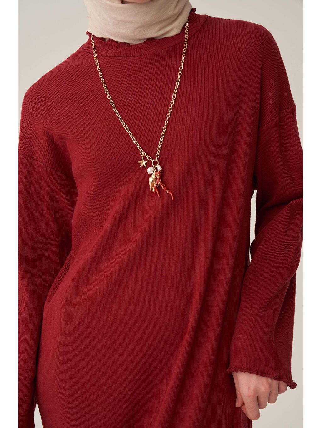 Bordo-Fırfır Detaylı Kaşkorse Elbise-5