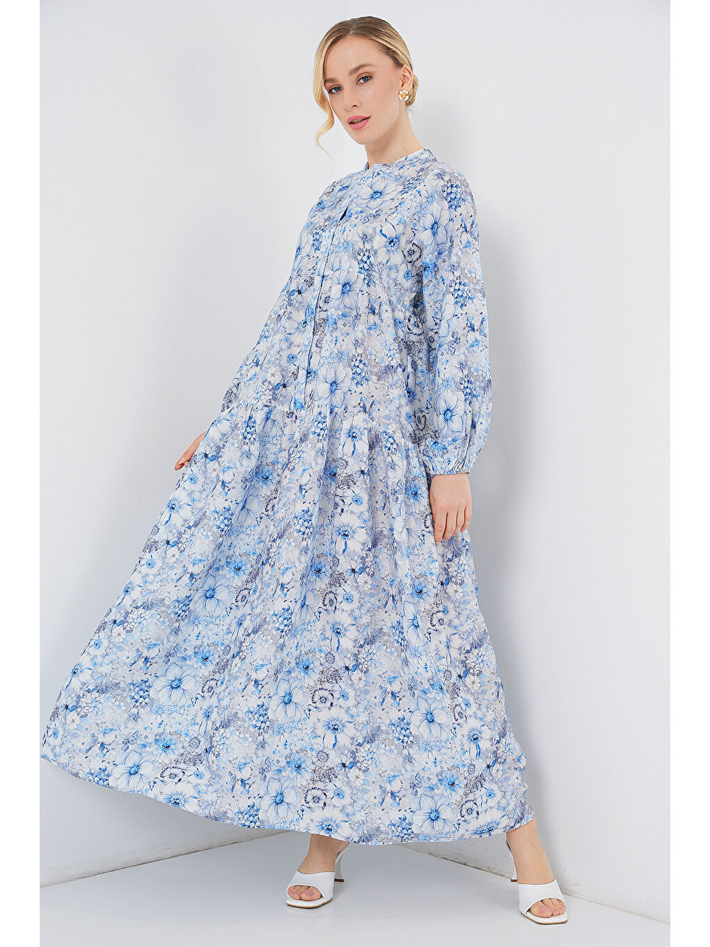 Kadın Desenli Tesettür Elbise 2583 - Mavi-1