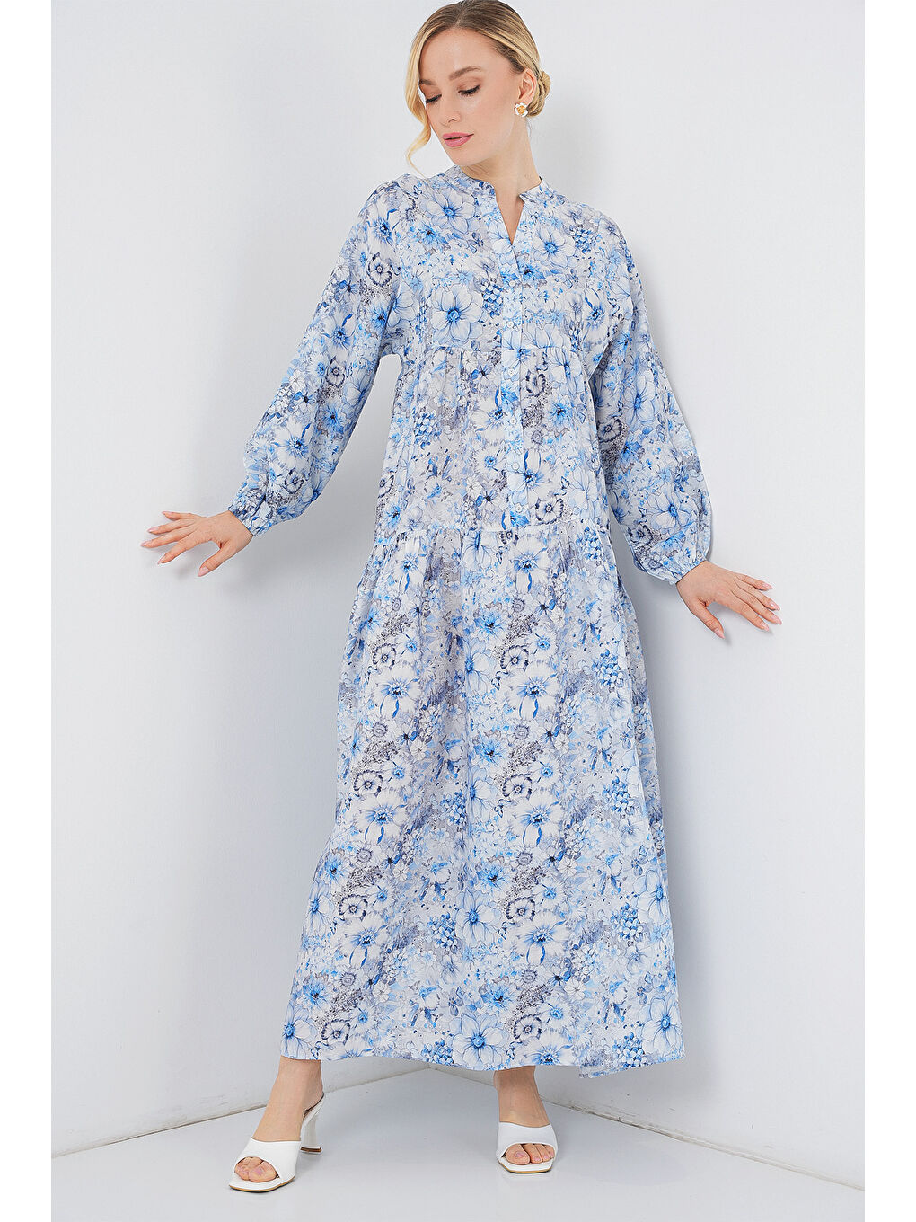 Kadın Desenli Tesettür Elbise 2583 - Mavi-2