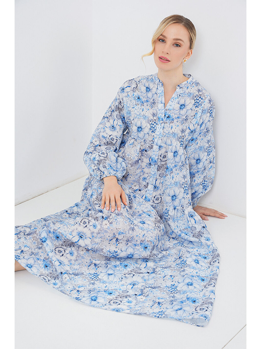 Kadın Desenli Tesettür Elbise 2583 - Mavi-3