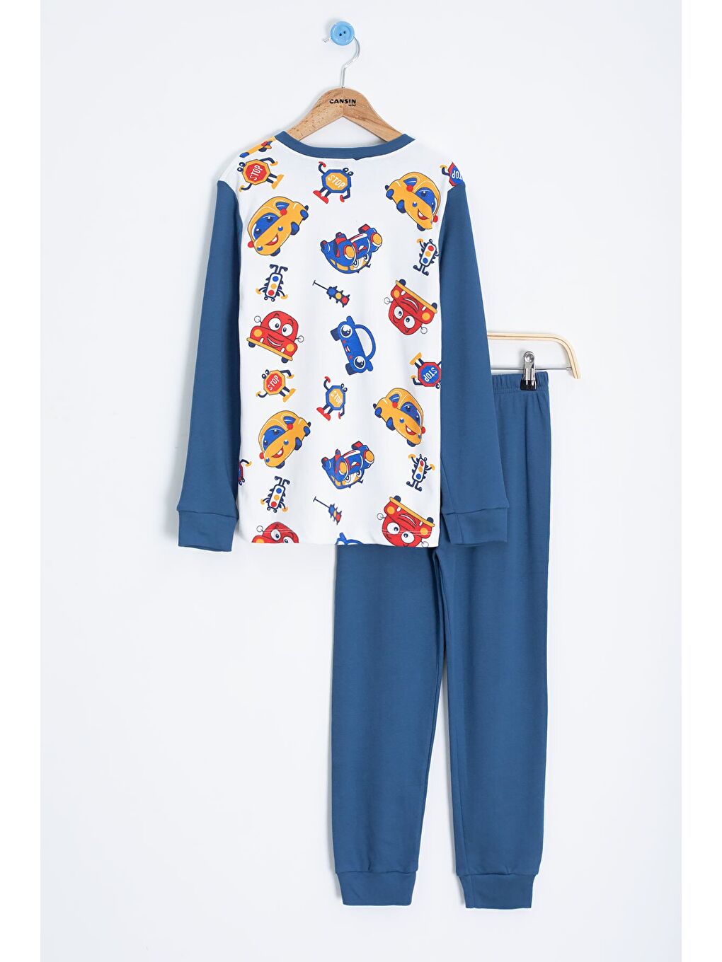 Ekru Sevimli Araba Baskılı Erkek Çocuk Pijama 22763-2