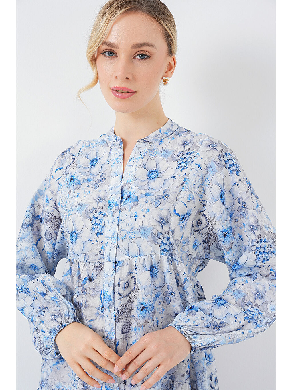 Kadın Desenli Tesettür Elbise 2583 - Mavi-4