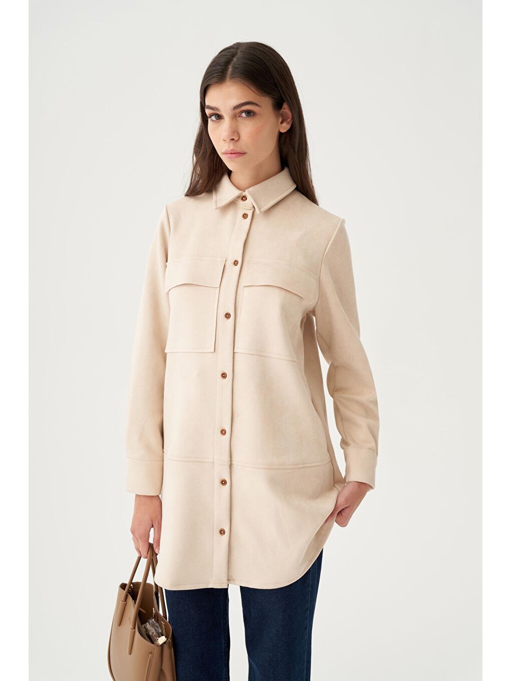 Bej Taş-Kapak Cepli Uzun Scuba Gömlek