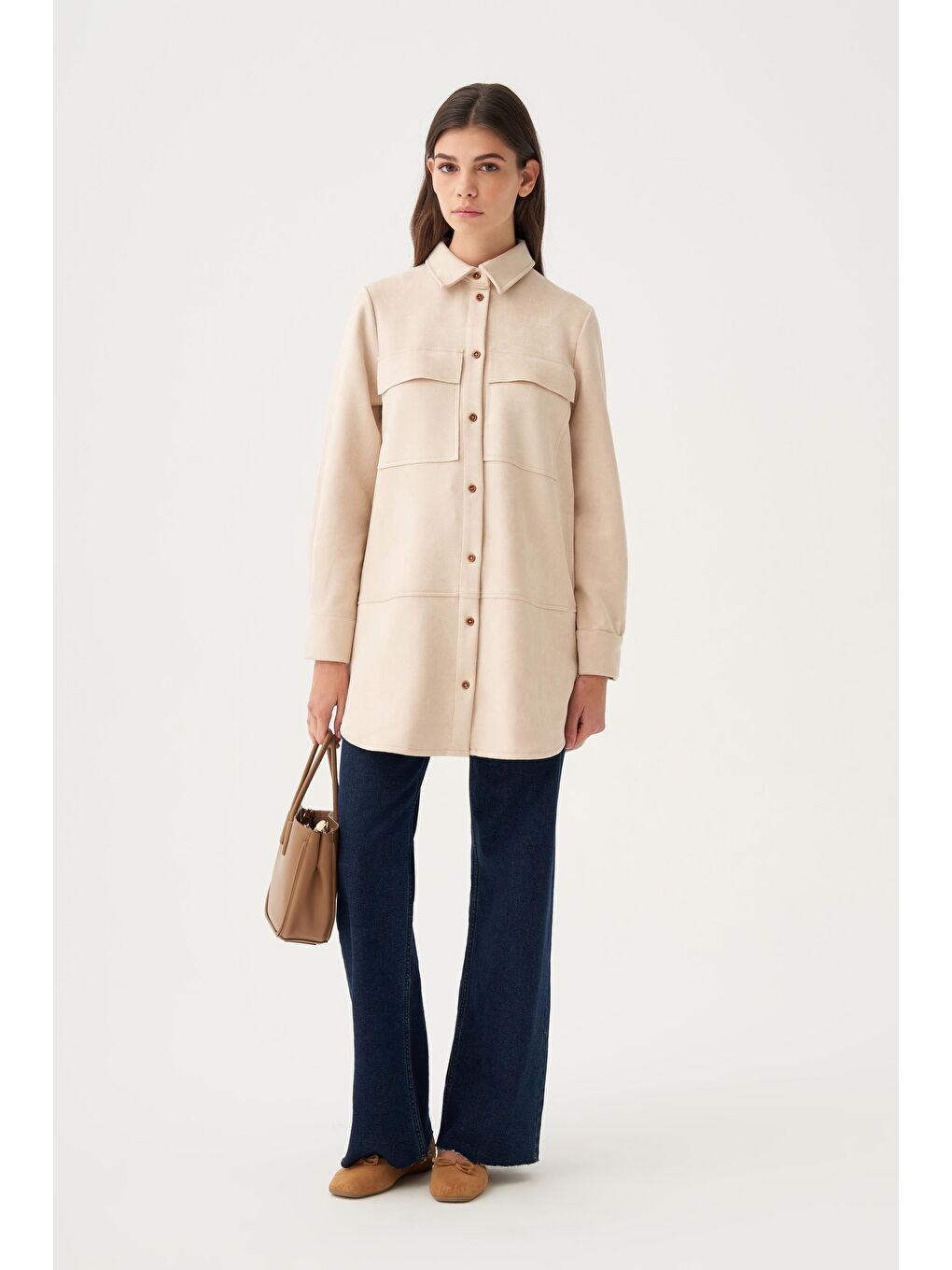 Bej Taş-Kapak Cepli Uzun Scuba Gömlek-1