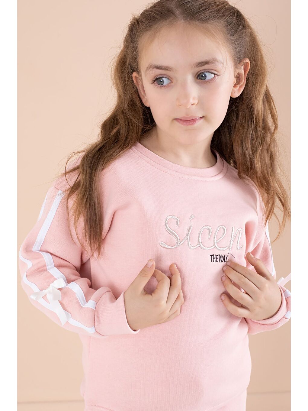 Pembe Yazı Nakışlı Şerit Detaylı Şardonlu Kız Çocuk Eşofman Takımı 23237-2