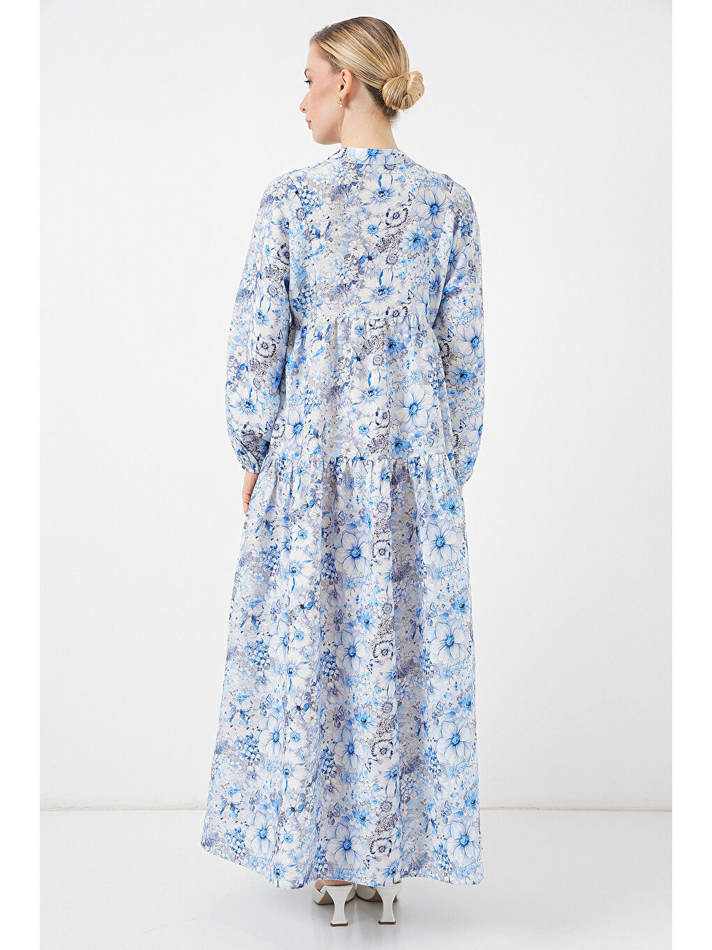 Kadın Desenli Tesettür Elbise 2583 - Mavi-6